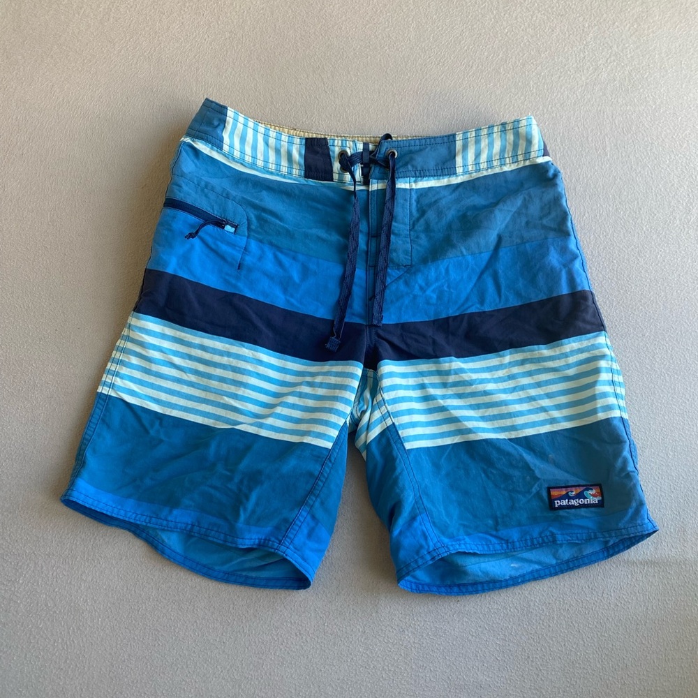 Patagonia Light Blue and White Striped Swim Shorts